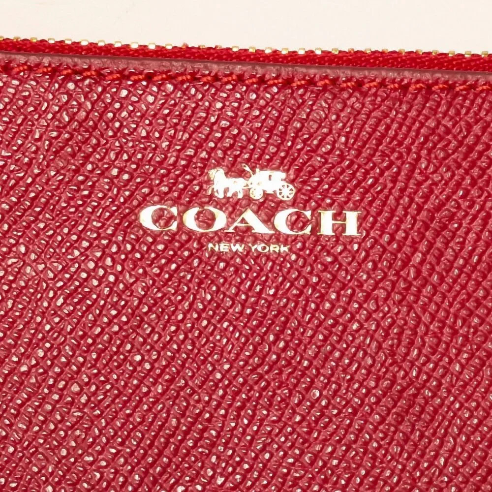 COACH Red Crossgrain Leather Small Wristlet Corner Zip Pouch Card Slots F58032